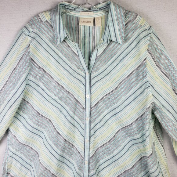 CHICO'S 100% Linen Shirt Tunic Blouse Striped Bias Cut size XL/18 Boho Resort - Picture 2 of 12